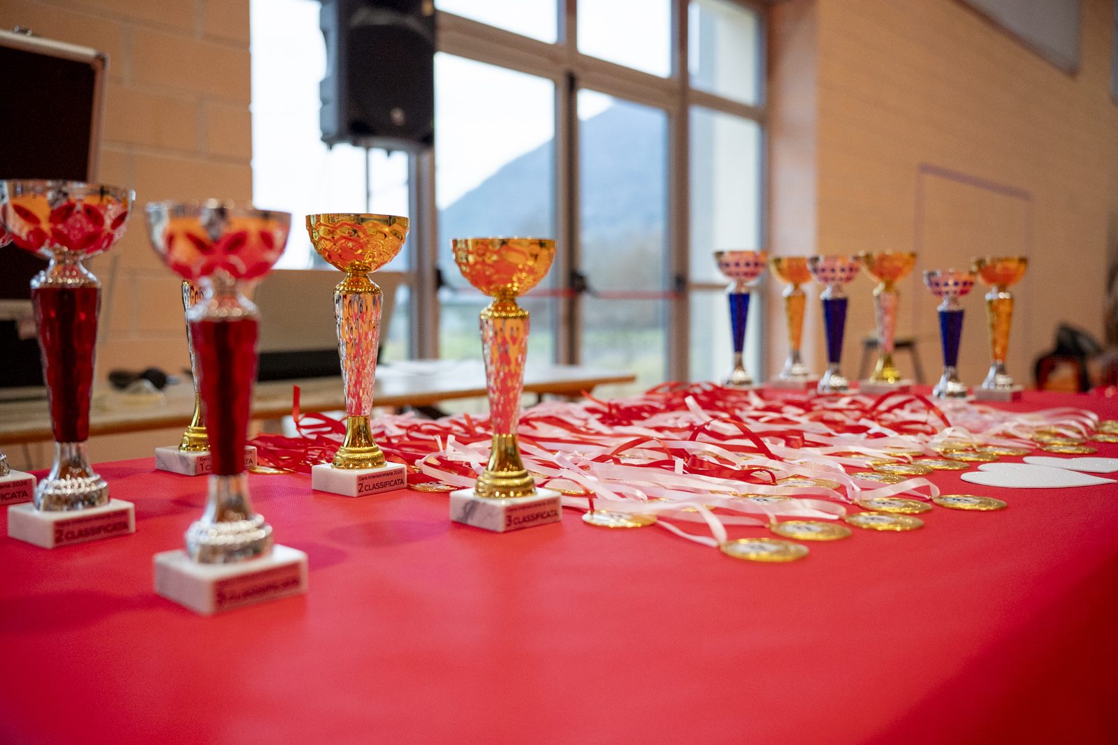 Coppe e medaglie pronte per la premiazione della gara di ginnastica artistica
